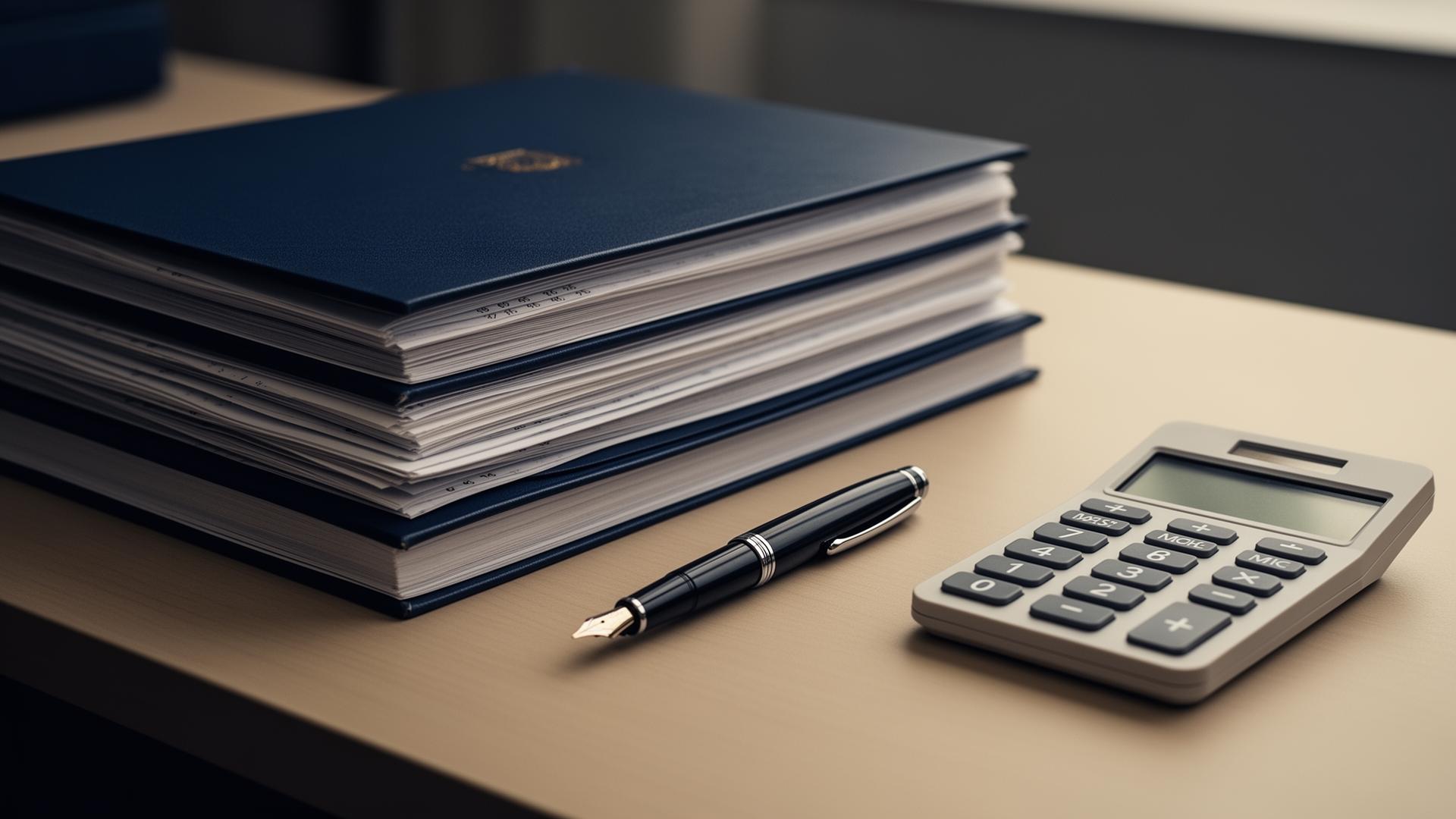Livros contábeis e calculadora sobre mesa em escritório
