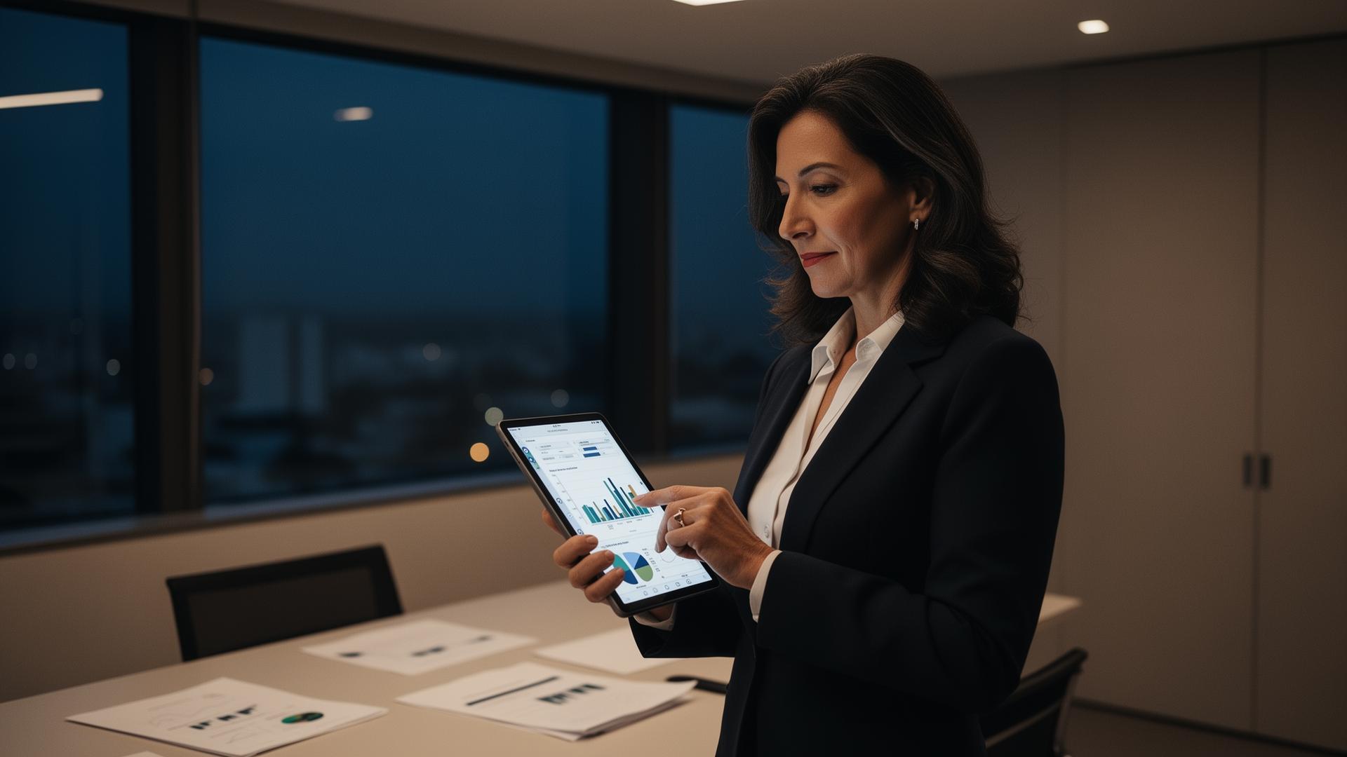 Executiva analisando relatórios financeiros