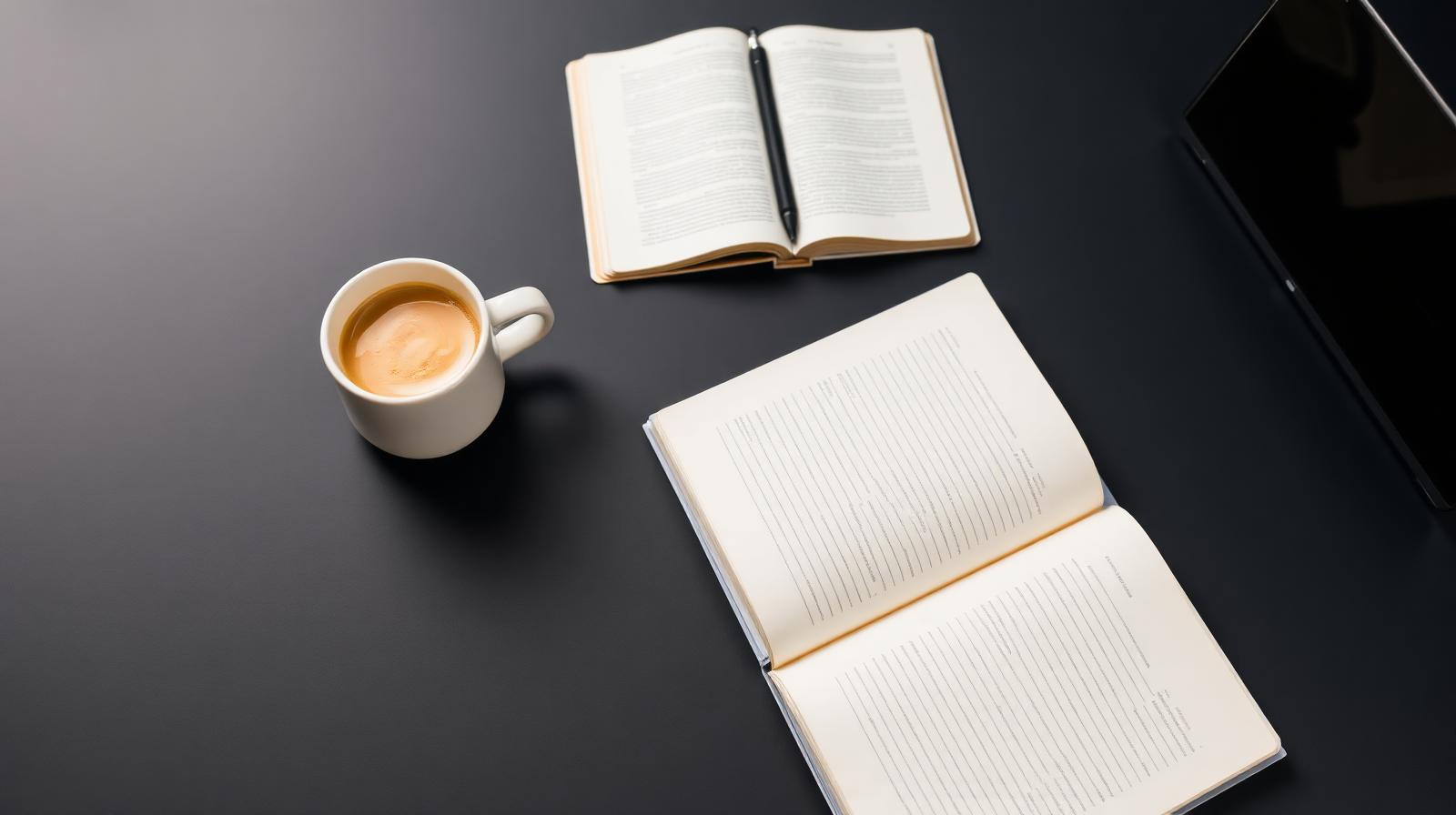 Mesa de leitura com cadernos, café e laptop